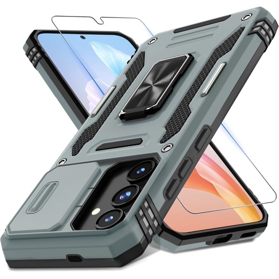 for Samsung Galaxy S24 Case with Slide Camera Cover Screen Protector (1 Pack), Rotated Ring Kickstand Military Grade Shockproof Protective Cover-Grey