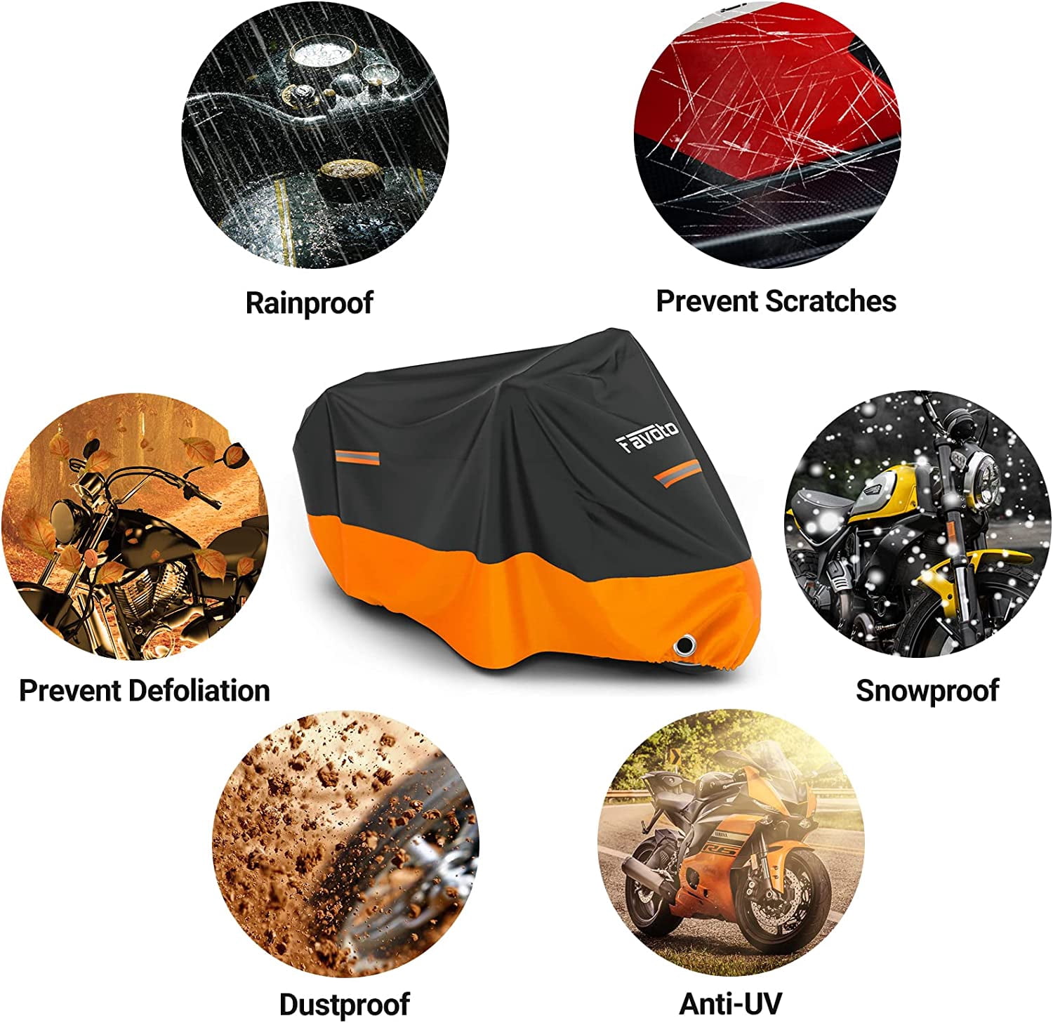 Favoto Motorcycle Cover Waterproof Outdoor - 116 inches Length All Season Universal Weather Sun Protection Night Reflector with Lock-Holes & Storage Bag Motorbike Vehicle Cover