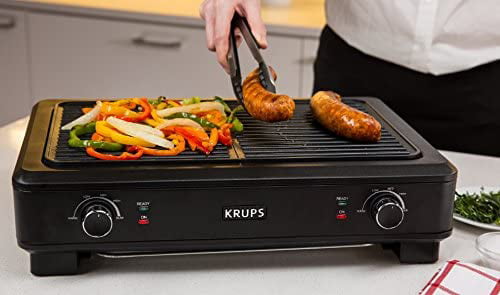 KRUPS PG760851 Electric Indoor Adjustable Temperature Smokeless Grill w/Non-Stick Cooking Surface and Dishwasher Safe Removable Drip Black -