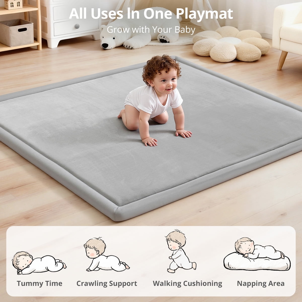 Baby Play Mat, Caveen Thicken Baby Playpen Mat, Flannel Soft Crawling Playmat for Infant, Anti-Slip, 50"x 50", Light Grey