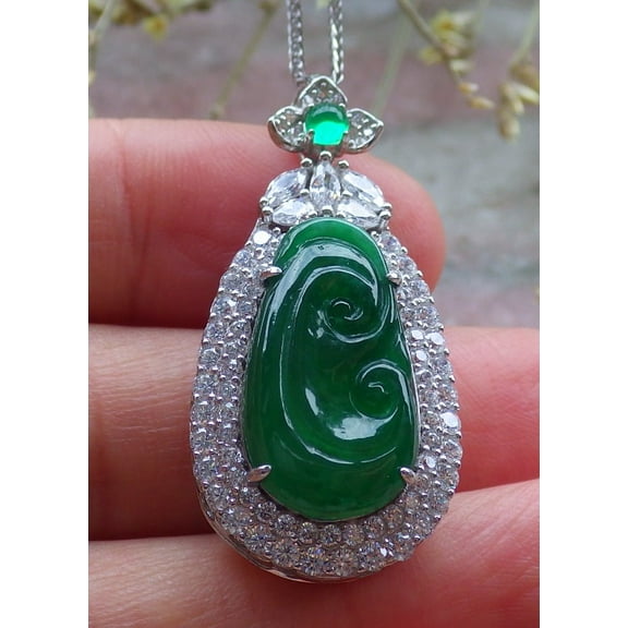 Icy Green Silver 925 Certified Burma Natural A JADE Jadeite pendant Lotus Flower Ruyi Necklace 649444 TN