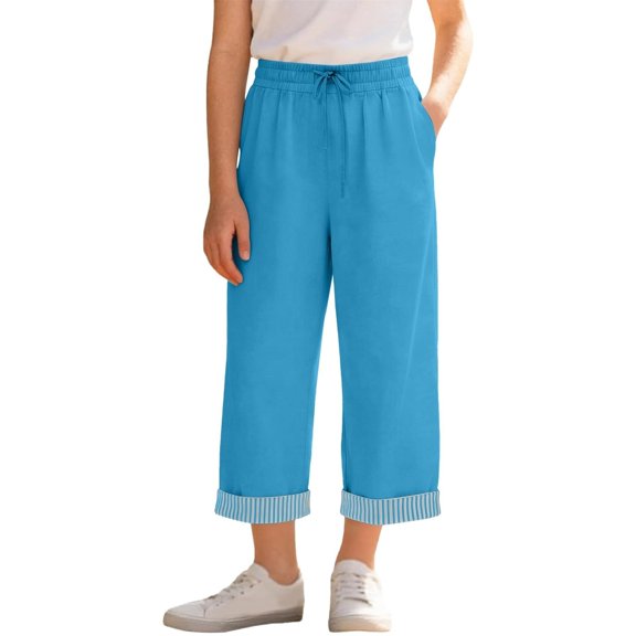 XEGLSBU Girls High Waist Striped Culottes Casual Summer Pants with Pockets Comfortable Straight Leg Trousers for Kids (Sky Blue Size 9-10 Years)