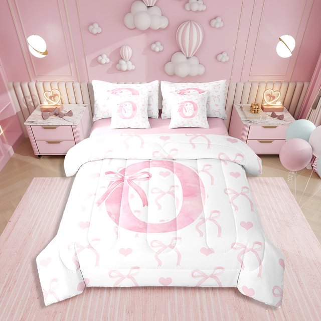 Erosebridal Literie Lettre O Initiale Format Grand, Ensemble de Lit Mignon avec Nœud Format Grand, Déco de Princesse de Rêve, Réversible 7 Pcs
