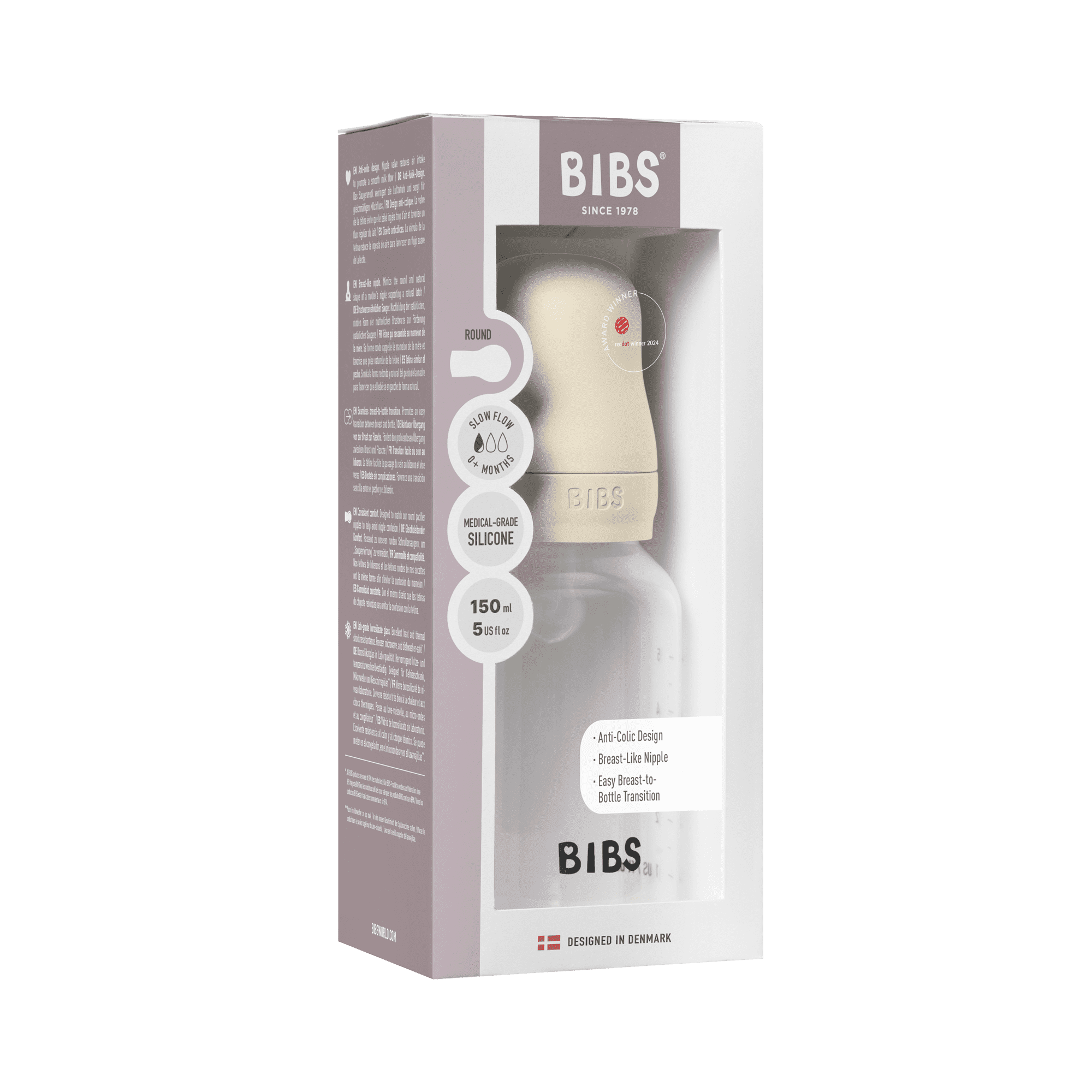BIBS Baby Bottle with Slow Flow Silicone Nipple, Ivory, 5 oz, 1 Each