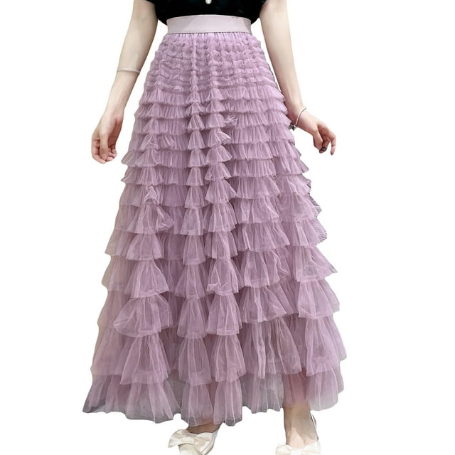 Gupgi Women Tutu Long Skirts Multilayer Solid Color High Waist Mesh Swing Cake Skirt
