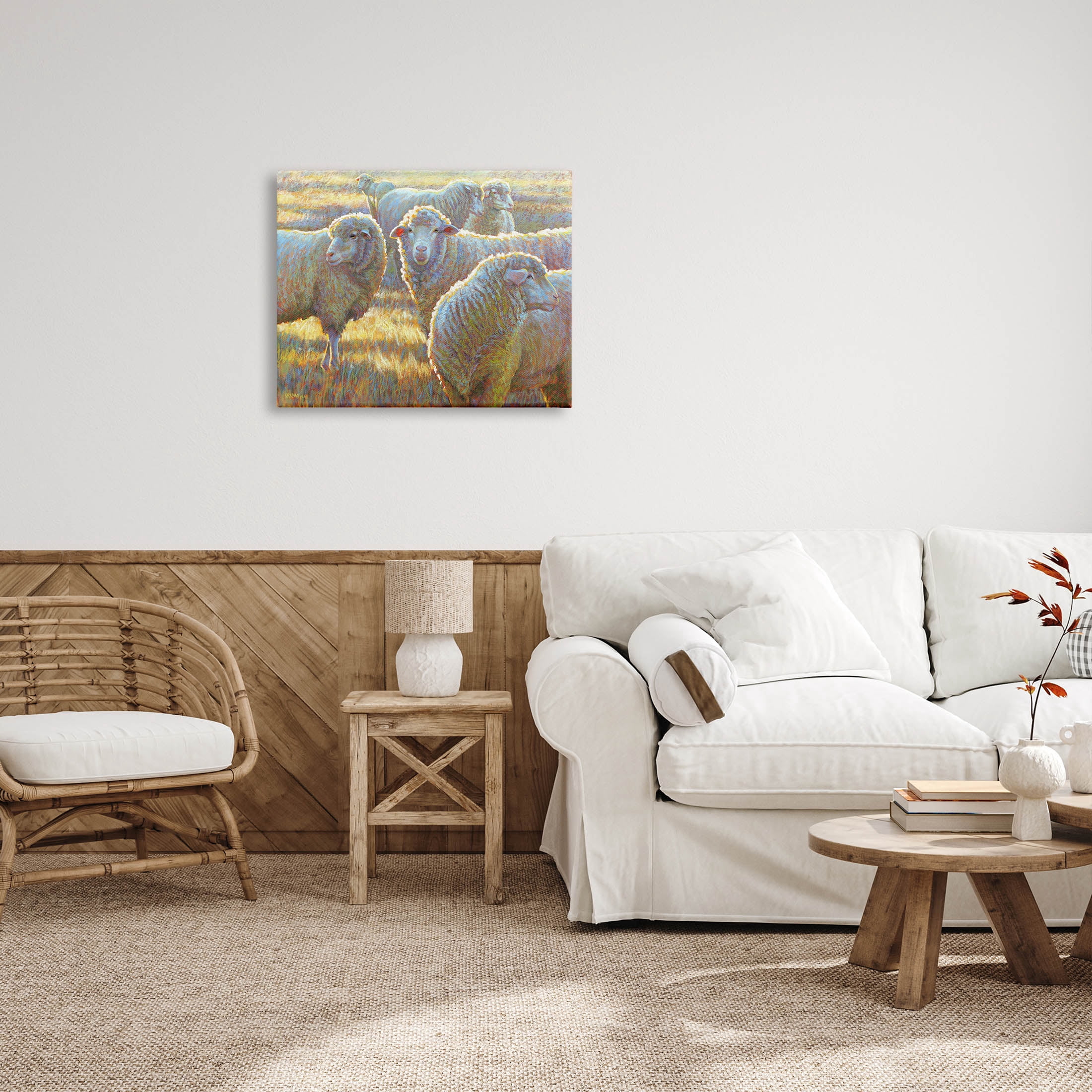 Sheep Herd Grazing Grassland Animals & Insects Painting Gallery Wrapped Canvas Print Wall Art