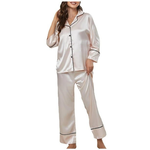  Womens Silk Pjs Short Sleeve Sleepwear Satin Pajamas Top And  Pants Set Two Piece Lounge Set Navy Blue