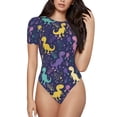thumbnail image 2 of Goofa Colorful Dinosaur Printed Women Rash Guard Short Sleeve,Tummy control Swimsuit Surfing Swimsuit Bathing Suit One Piece Swimsuit UPF 50-Large, 2 of 9
