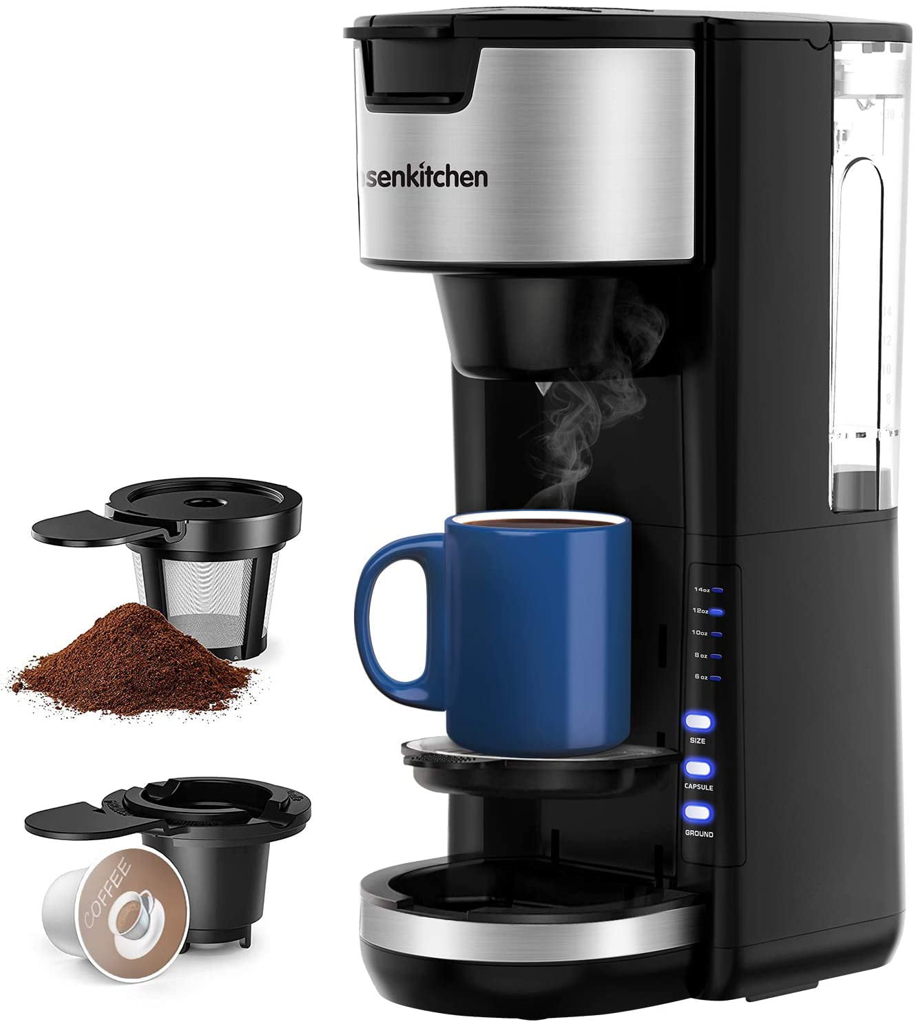 BENFUCHEN Single Serve Coffee Maker for K Cup/Ground Coffee, MINI Q  Americano 2 in 1 Coffee Brewer One Cup Coffee/Tea Maker With Two Adapter,  4-8 oz