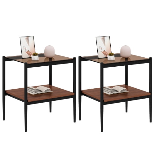MOONMISS 2 Pack Rectangle End Table, Tempered Glass Top Side Table with MDF Frame, Modern Transparent Glass Accent Table for Living Room, Bedroom, Home Decor, Brown/Black