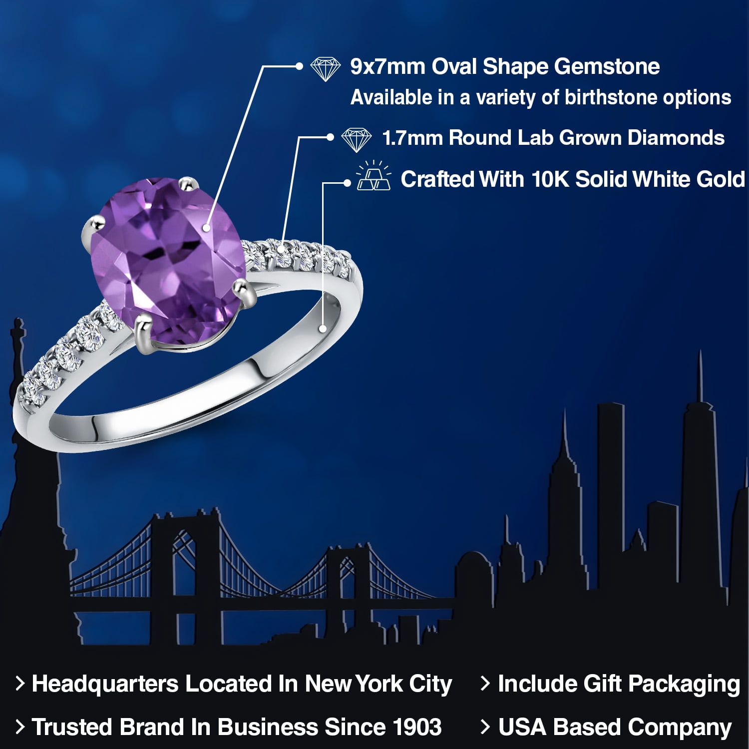 Gem Stone King 10K White Gold Purple Amethyst and Lab Grown Diamond Engagement Ring for Women | 1.80 Cttw | Oval 9X7MM | Gemstone February Birthstone | Size 6