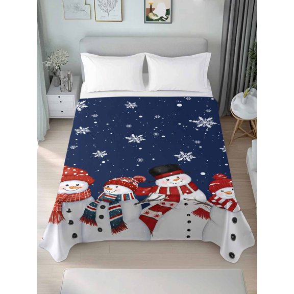 Queen Size Flat Sheet Only,Christmas Snowman Snowflakes Dark Blue Soft Top Bed Sheets Breathable Bedding Sheet Winter Falling Snow Microfiber Hotel Luxury Top Sheets