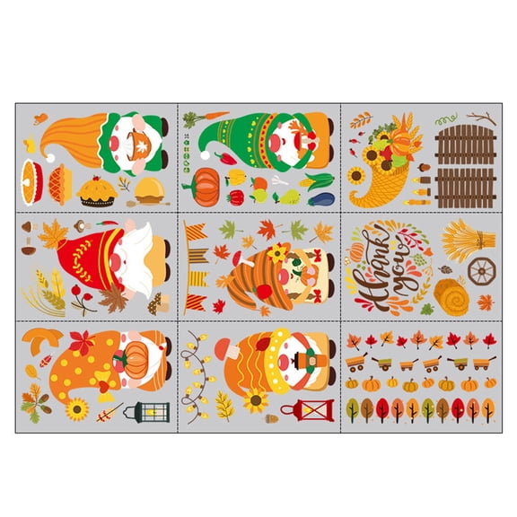 JZROCKER 9 Sheets Thanksgiving Window Clings Autumn Fall Gnome Pumpkin Glass Static Decals Wall Sticker Festival Party Home Decorations