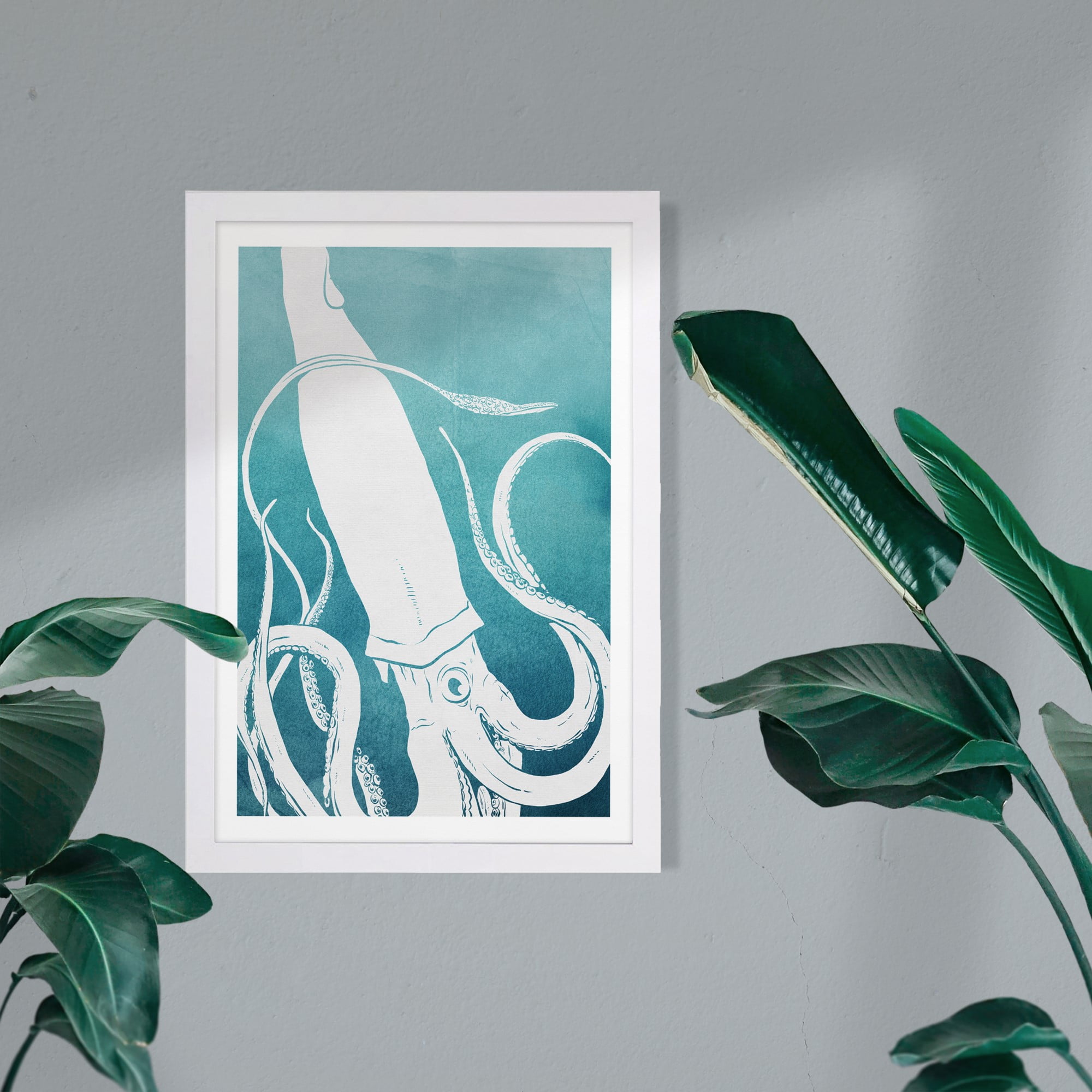 Wynwood Studio Nautical and Coastal Framed Wall Art Prints 'Ink Squid' Marine Life Home Décor - Blue, White, 13" x 19"