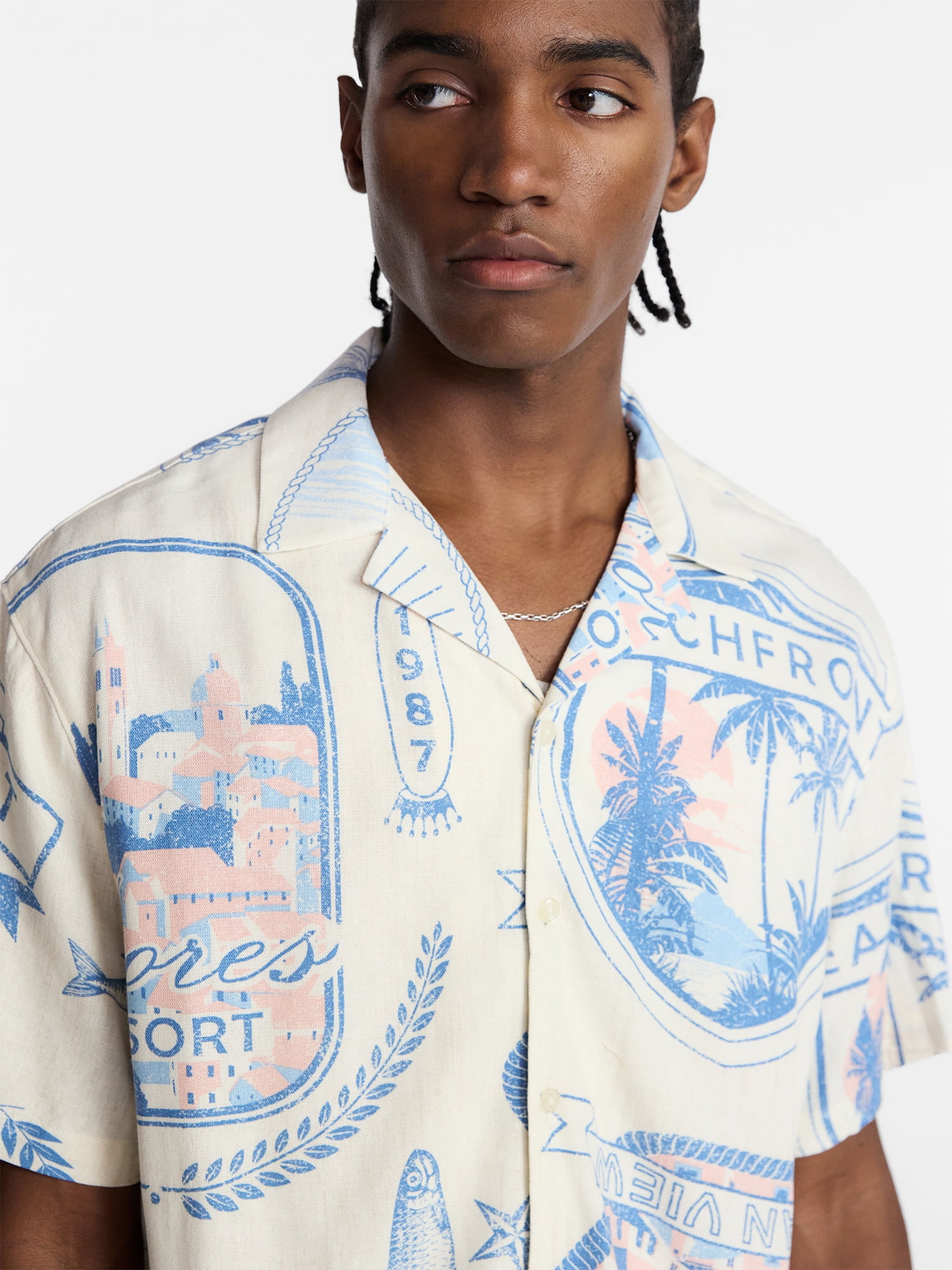 No Boundaries Boxy Fit Linen Blend Patterned Resort Shirt, Men's XS-4XLT