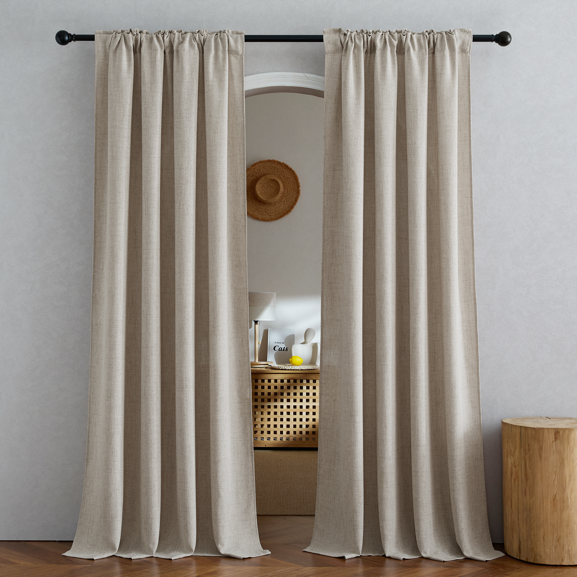 NICETOWN 52x84 Faux Linen Semi-Sheer Curtain Panels, Oatmeal photo 5