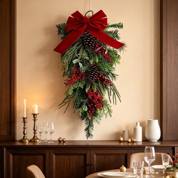 Aurorax Green Wreaths Christmas Decorations,Christmas Wreath for Door with Pinecones Bells Berries 18 inch Farmhouse Outdoor Hanging Decor for Wall Patio Porch