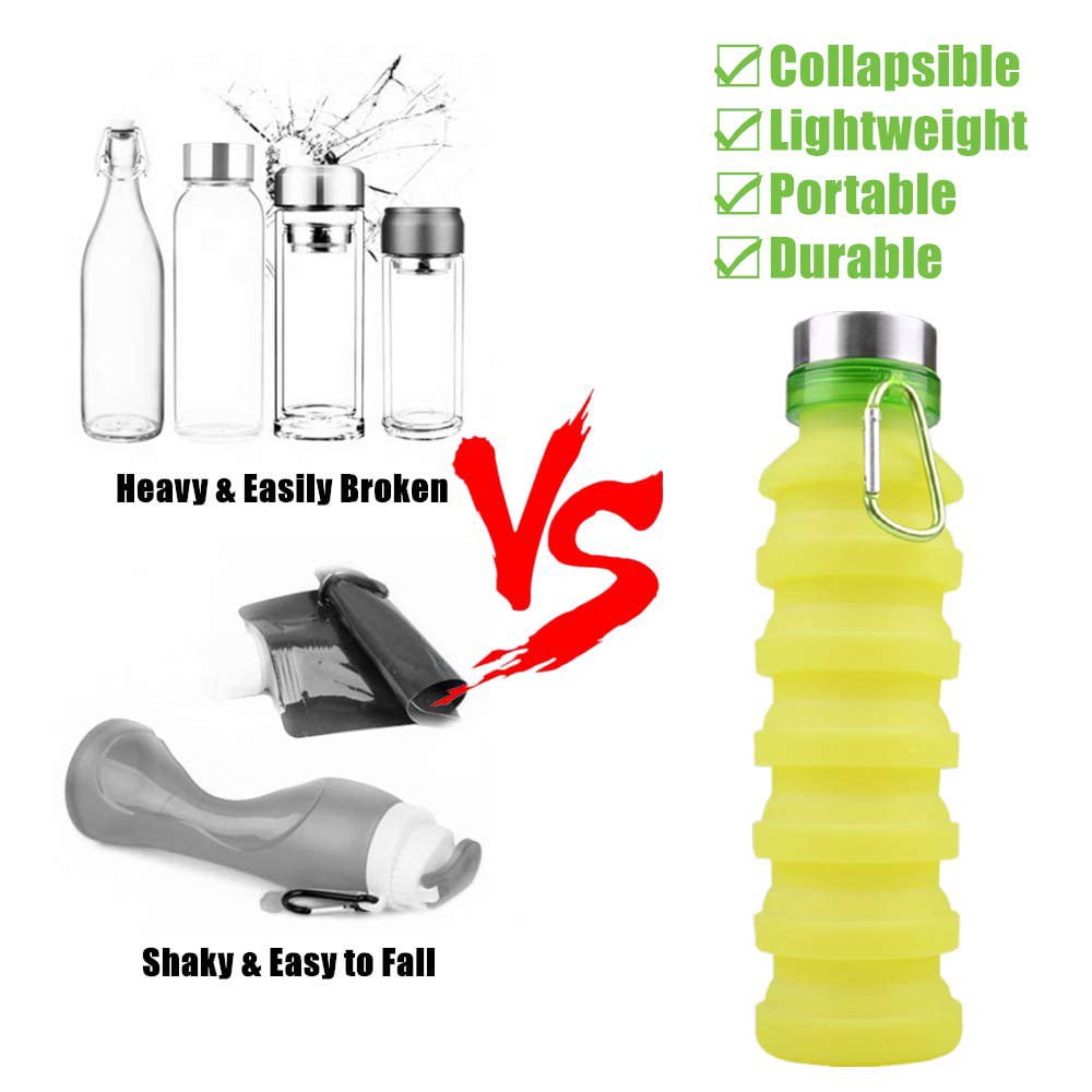 CNKOO Collapsible Water Bottle, Reuseable BPA Free Silicone Foldable Water Bottles for Travel Gym Camping Hiking, Portable Leak Proof Sports Water Bottle with Carabiner, 18oz Green
