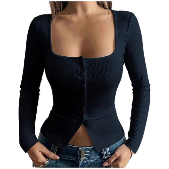 Lenpel Women's Crop Tops Long Sleeve Square Neck Button down Slim Ribbed Knit Shirts Soft Casual Blouses Going out Tops(Dark Blue,X-Large)