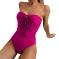 thumbnail image 3 of Women Strapless Bathing Suits Ruched Halter Bandeau One Piece Swimsuit for Women Ruched Tummy Control Bathing Suit Push Up Slimming Swimwear Women's Solid Color Pleated Bandeau Swimsuit With Front Ti, 3 of 9