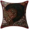 thumbnail image 2 of Stylo Culture Indian Cotton Home Decor Throw Pillow Covers Maroon 16x16 Bohemian Beaded Sequins Patchwork Embroidered Sofa Cushion Covers 40 x 40 cm Decorative Neck Design Pillowcases | Set Of 5, 2 of 4