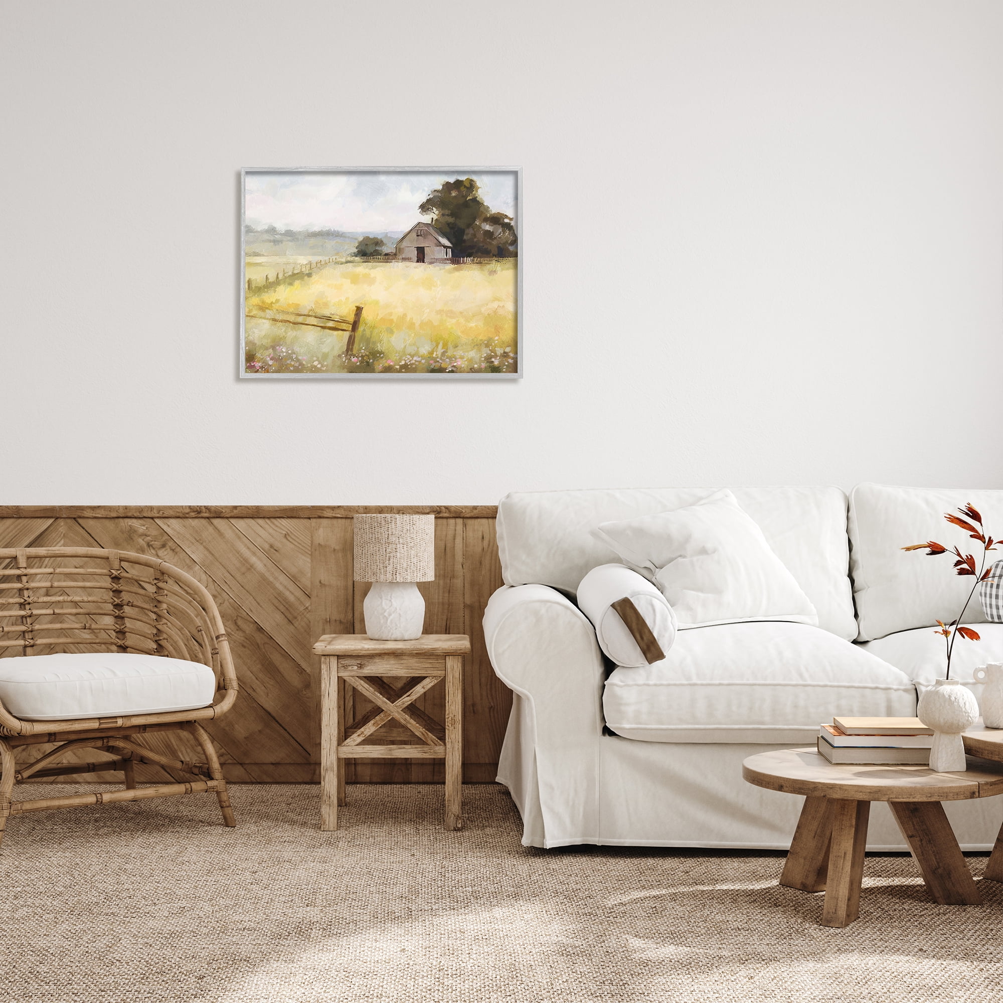 Stupell Industries Distant Barn Country Fence Landscape Painting Gray Framed Art Print Wall Art, 30 x 24