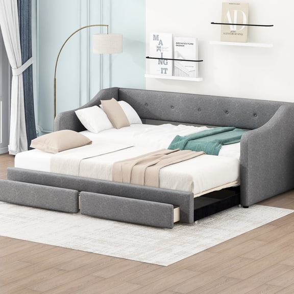 Upholstered Gray Daybed | Expand to King Size for Guests, Drawers for Keeping Room Neat | Easy Assembly and Good Back Support