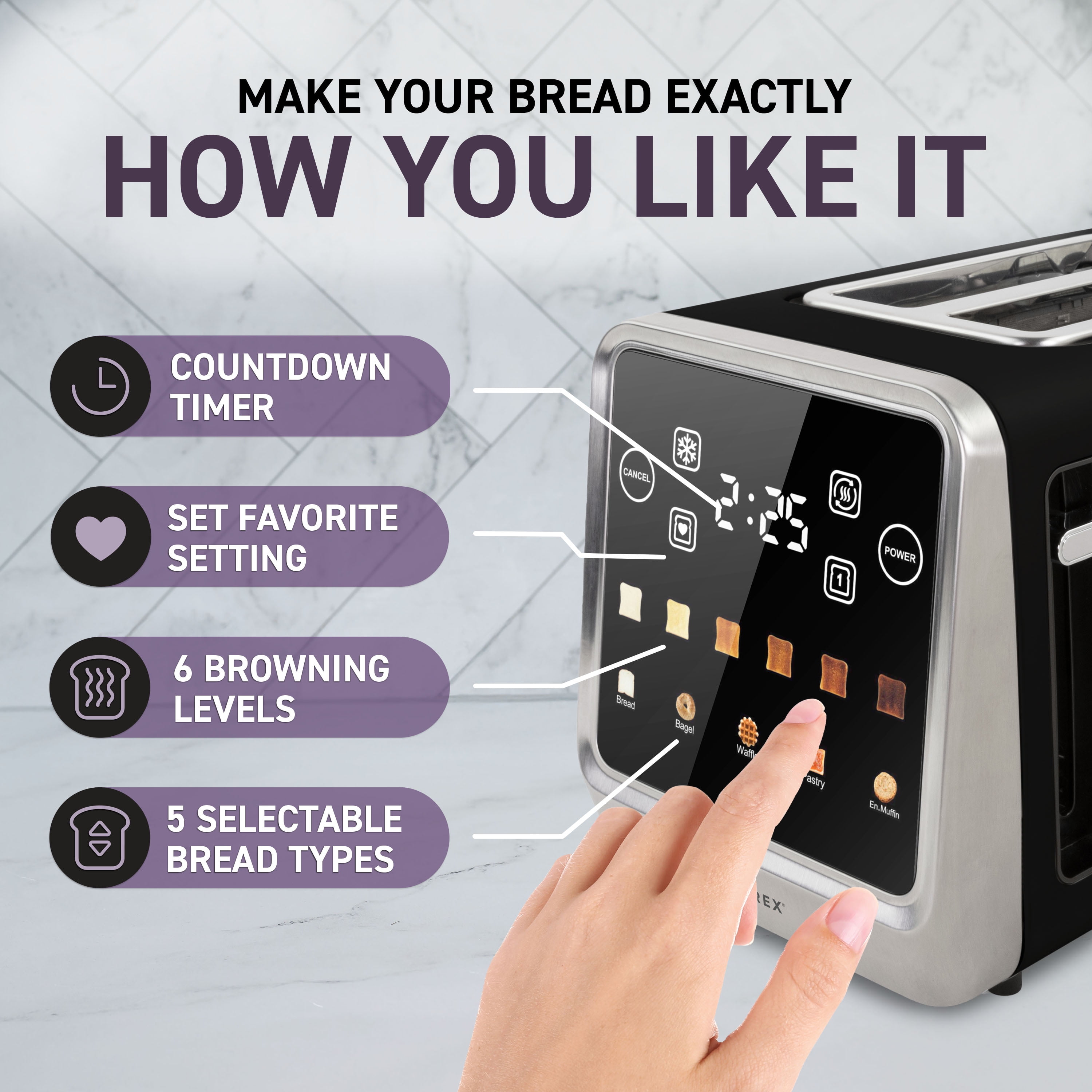 Inspirex Modern 2 Slice Toaster, Smart Toaster with Intuitive Touchscreen Interface, Black
