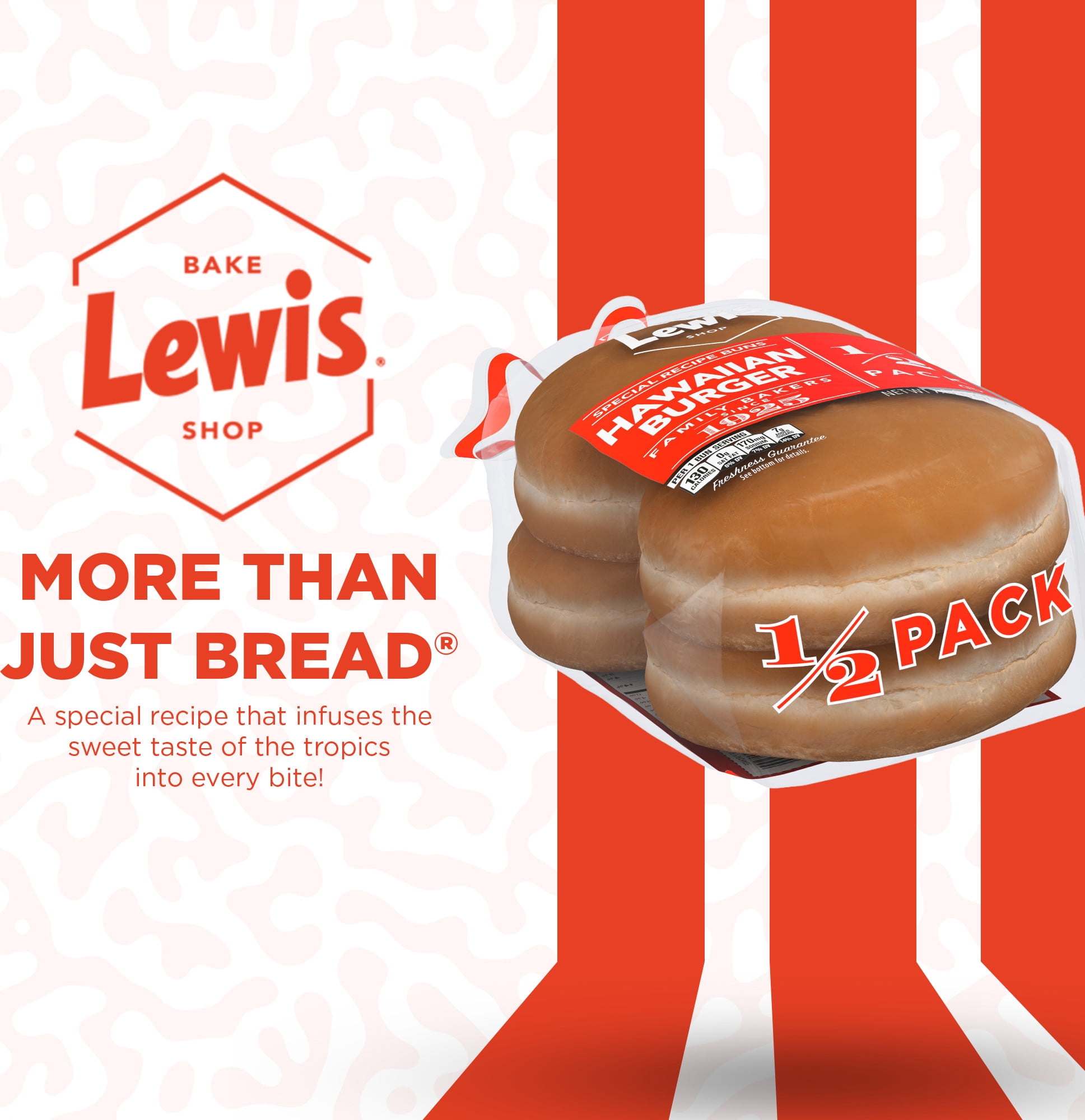 Lewis Bake Shop Hawaiian Half Pack Burger Buns, 7.5 oz, 4 Count