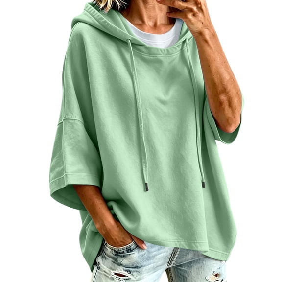 DISKEBUISS Women's 3/4 Sleeve Hoodie Oversized Loose Fit Drawstring Hooded Top Casual Pullover Sweatshirt for Fall