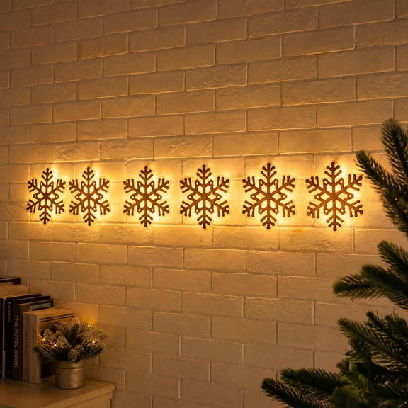 LED Christmas Snowflakes Wall Decorations, Holiday 2D Flat Wooden Silhouette Wall Lights