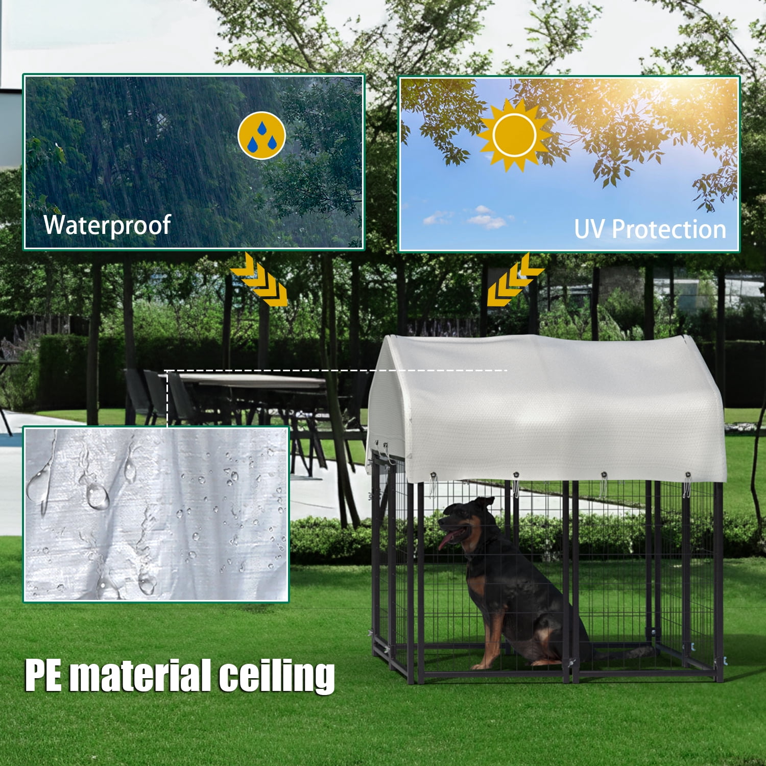 Welded Wire Outdoor Dog Kennel Large Heavy Duty Dog Playpen Enclosure Yard Dog Fence Pen Run Square Dog Kennel with Waterproof Roof Cover for Small Medium Large Dogs