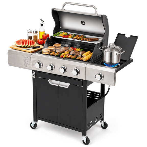 Segmart 4 Burner BBQ Propane Gas Grill with Side Burner, Stainless Steel 51,000 BTU Patio Barbecue Grill with Shelf, Thermometer & Bottle Opener, Fits for Camping, Outdoor Cooking