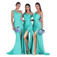 thumbnail image 1 of Vestido de dama de honor personalizado de un hombro para mujer, vestido de fiesta de sirena de satén plisado, vestidos de noche de fiesta de boda con abertura lateral larga, 1 of 5