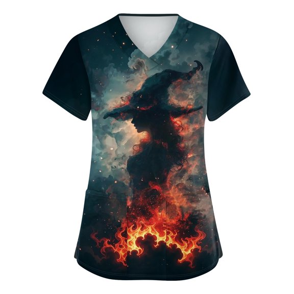 Womens Scrub Tops Halloween Funny V Neck Spooky Witch Printed Scrubs Horror Short Sleeve Scrub Shirts Medical Nurse Workwear Nursing Uniform with Pockets, XL