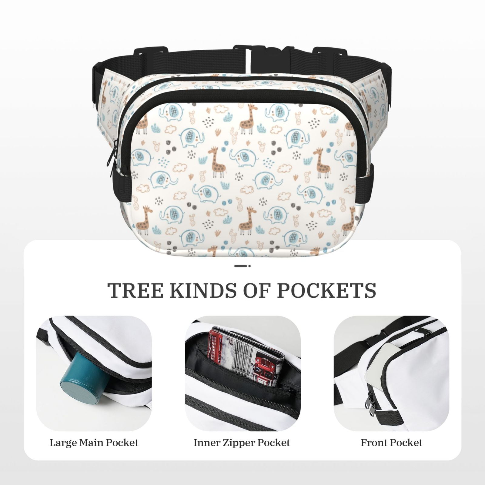 Picia Elephants And Giraffes Print Square Double-Layer Waist Bag Mini Adjustable Waist Belt Bag Exercise Running Travel Hiking