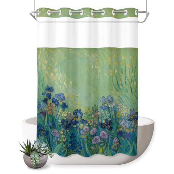 No Hook Shower Curtain, Cottagecore Botanical Shower Curtains for Bathroom with See Through Top Window, Vintage Green Blue Floral Waterproof & Washable Bath Curtain 60"x72"