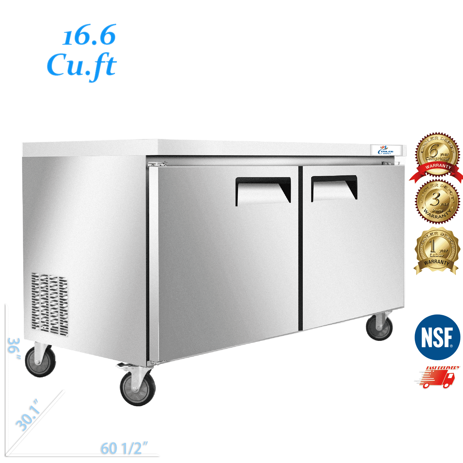 Cooler Depot 60.5 inch 16.6 cu.ft, 36" heigh Commercial Undercounter Freezer, 2 Solid Doors, Stainless steel exterior, NSF certified.