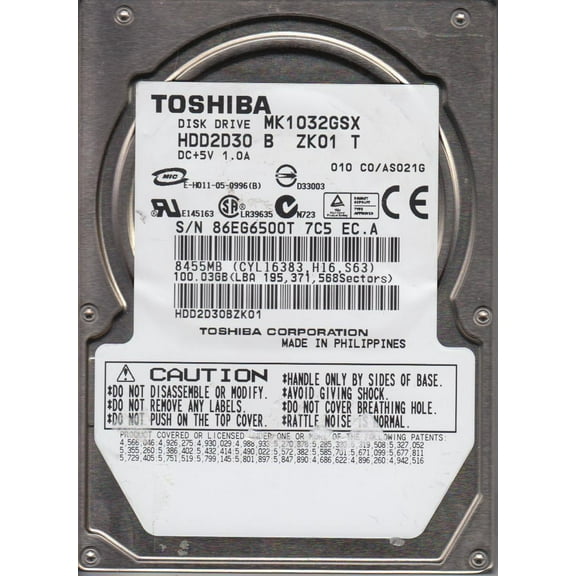 MK1032GSX, C0/AS021G, HDD2D30 B ZK01 T, Toshiba 100GB SATA 2.5 Hard Drive