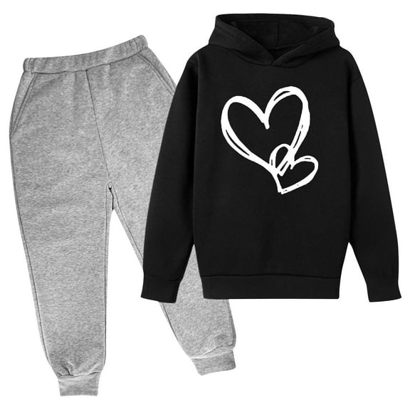 Hicidod Girl's Tracksuit 2 Piece Outfit Cute Heart Printed Kids Sweat Suit Long Sleeve Pullover Hoodies Elastic Waist Sweatpants Set