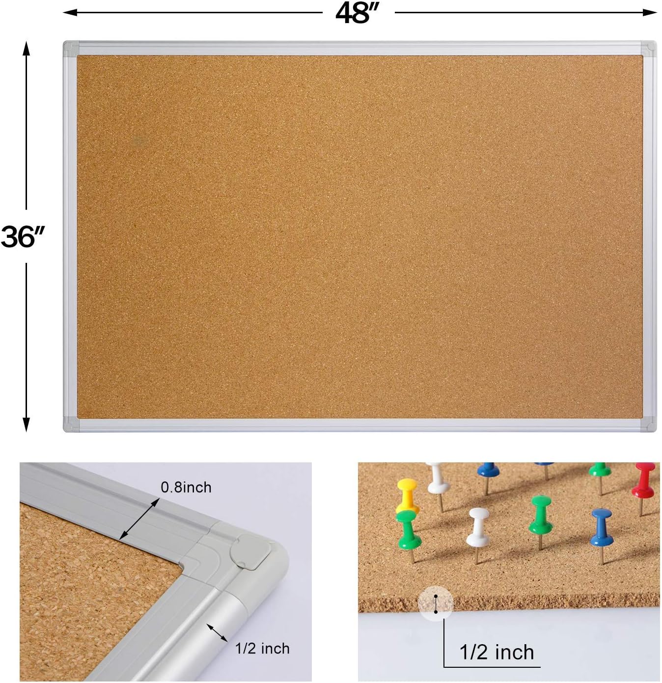 Bulletin Board 36 x 48, Silver Aluminum Frame 4x3 Large Wall Mounted Cork Office Bulletin Pegboard