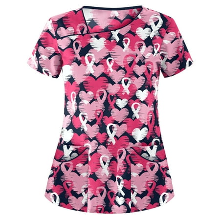 

UDAXB Womens Nursing Scrub Tops Valentine s Day Love Heart Printed Working Uniform Short Sleeve V-Neck Workwear Blouse T-shirt with Pockets