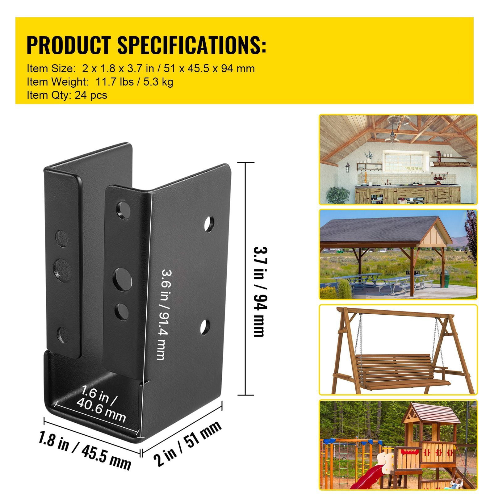 Powder-Coated Concealed Joist Hangers for 2x4 Lumber, 24-Pack – Corrosion Resistant Brackets for Swing Sets, Pergolas & Outdoor Structures