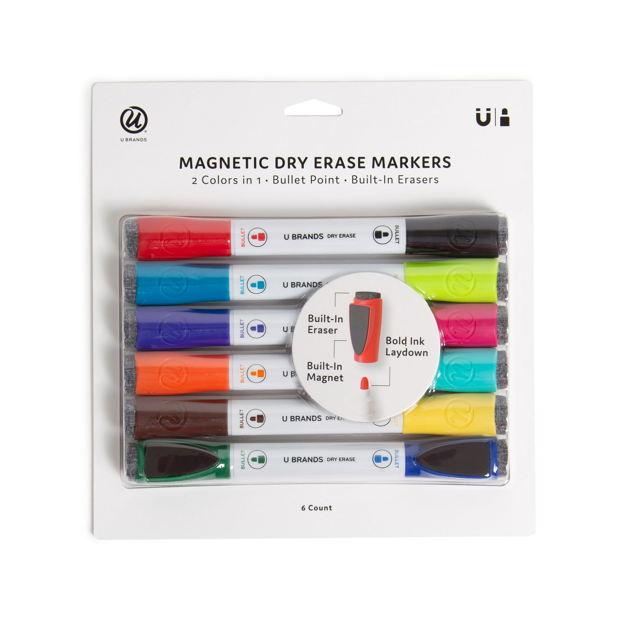 U Brands Double-Ended Magnetic Dry Erase Markers, Bullet Tip, 6 Count, Assorted Colors