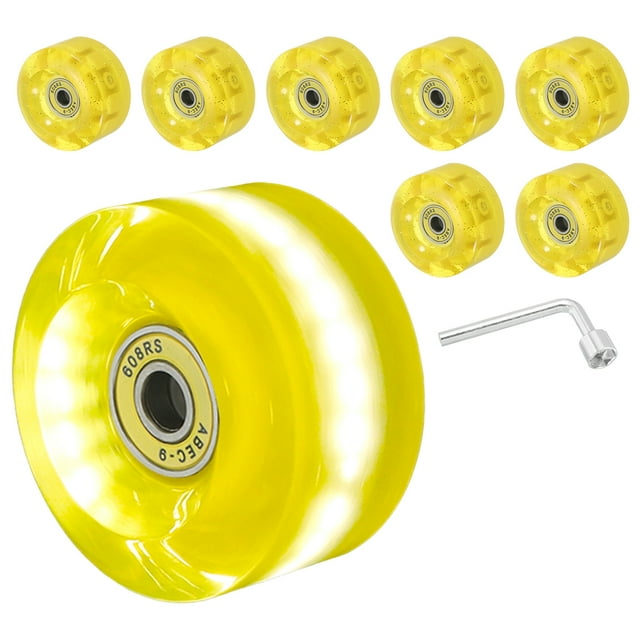 Unique Bargains Ensemble de 8 Roues de Patins à Roulettes, Ensemble de Roues de Croisière de Planche à Roulettes Lumineuses 58mm 82A, Jaune