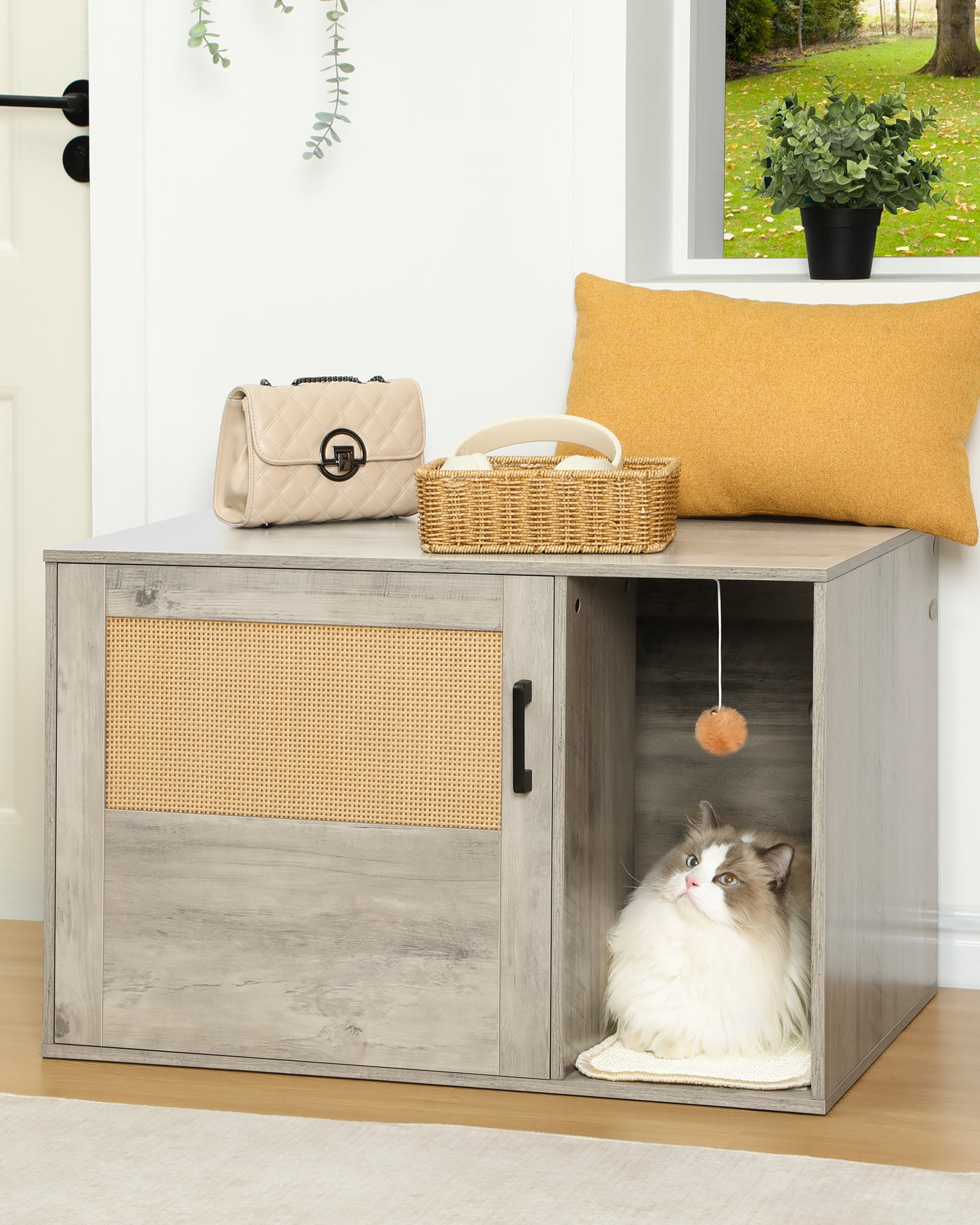 DINZI LVJ Litter Box Enclosure Furniture, Flip Top Hidden Litter Box with  Good Ventilation, Litter Box Cabinet, Wooden Cat Washroom Fit for Most of