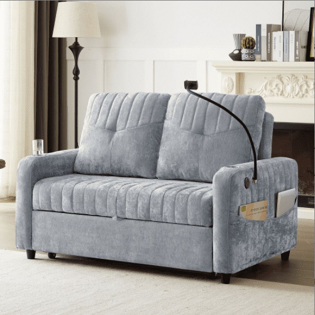 Euroco 53.9" Modern Loveseat Pull-out Sofa Bed with Adjustable Backrest, Two Cup Holders , a Phone Holder, Three Charging Ports and Side Storage Pockets for Living Room