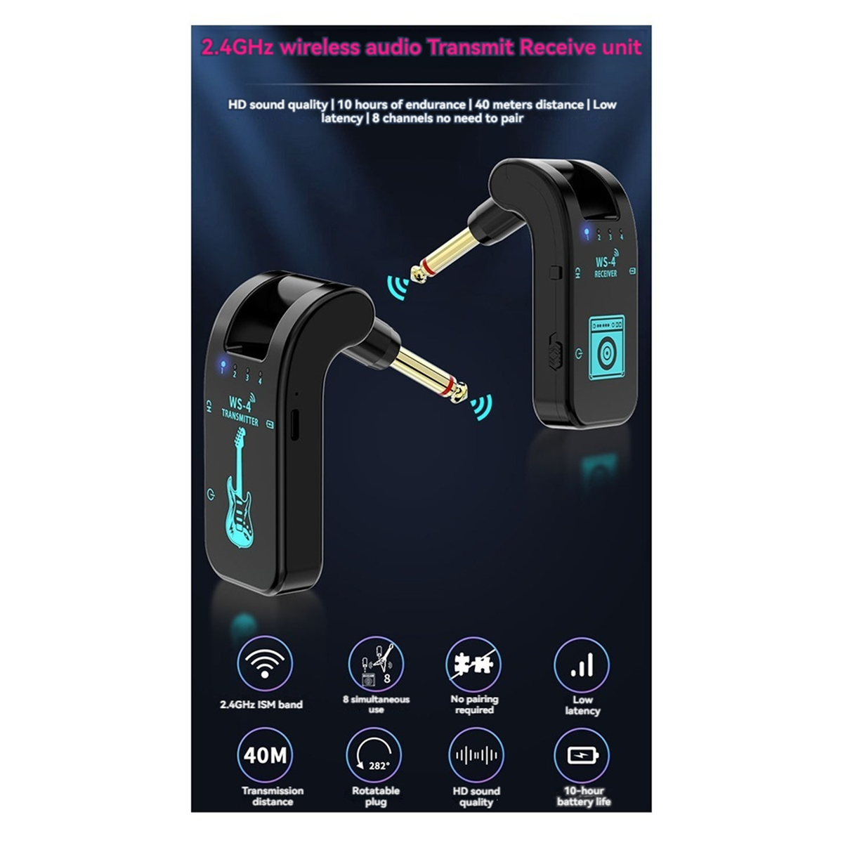 2.4G WS-4 Wireless Guitar System Transmitter Receiver for Electric Bass 48K/16bit Real-Time Transmission