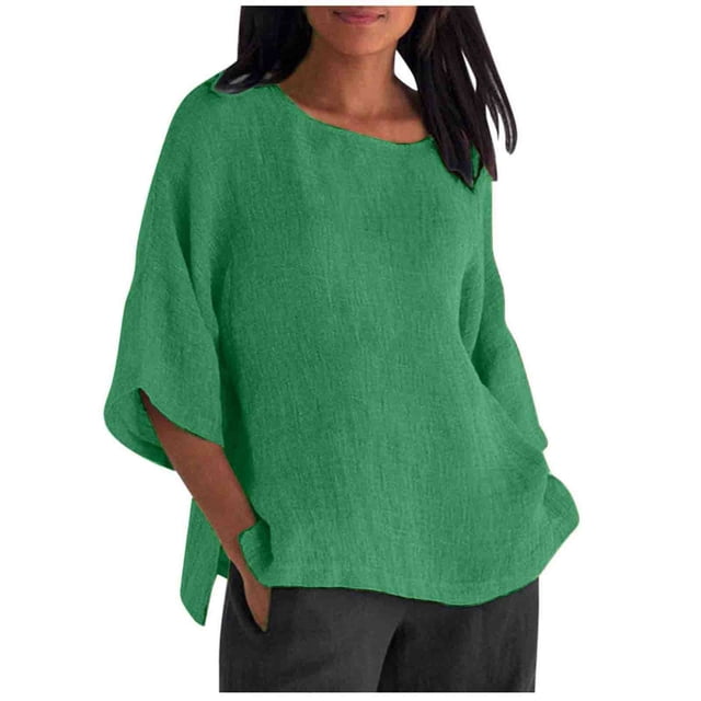moda de las mujeres media manga cuello redondo color sólido camisa casual suelta top verde / 2xl