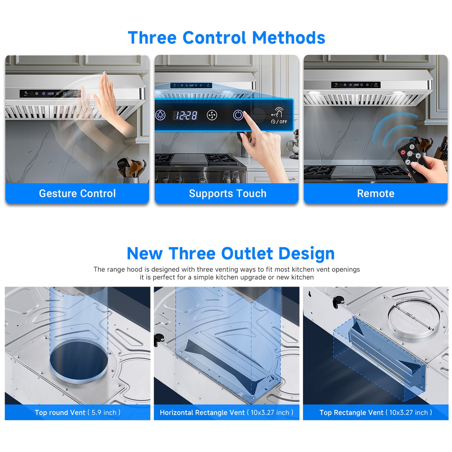 Sunmaki 36 inch Range Hood Under Cabinet 750CFM CFM with 4-Speed Gesture Sensing & Touch Control, Stainless Steel Kitchen Stove Vent Hoods with 2 LED Lights, Time Setting